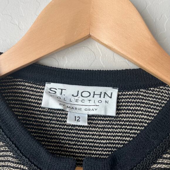 St. John Black Cream Striped Knit Wool Button Zip Up Cardigan Jacket Size 12 - Picture 4 of 9